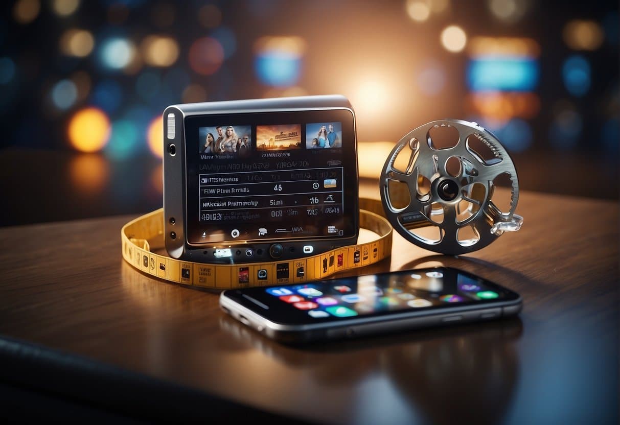 A smartphone with a movie reel and TV show icons floating around it
