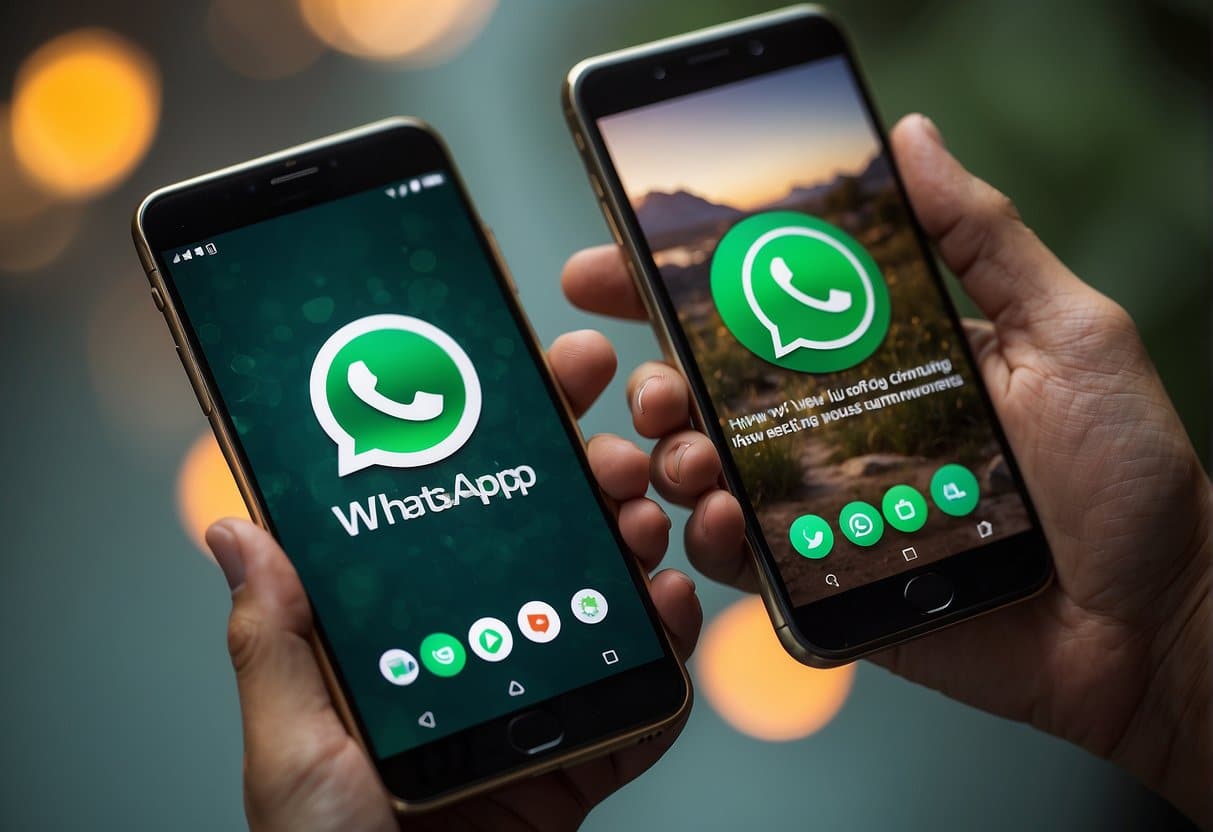 A phone with two WhatsApp icons open, each showing different conversations