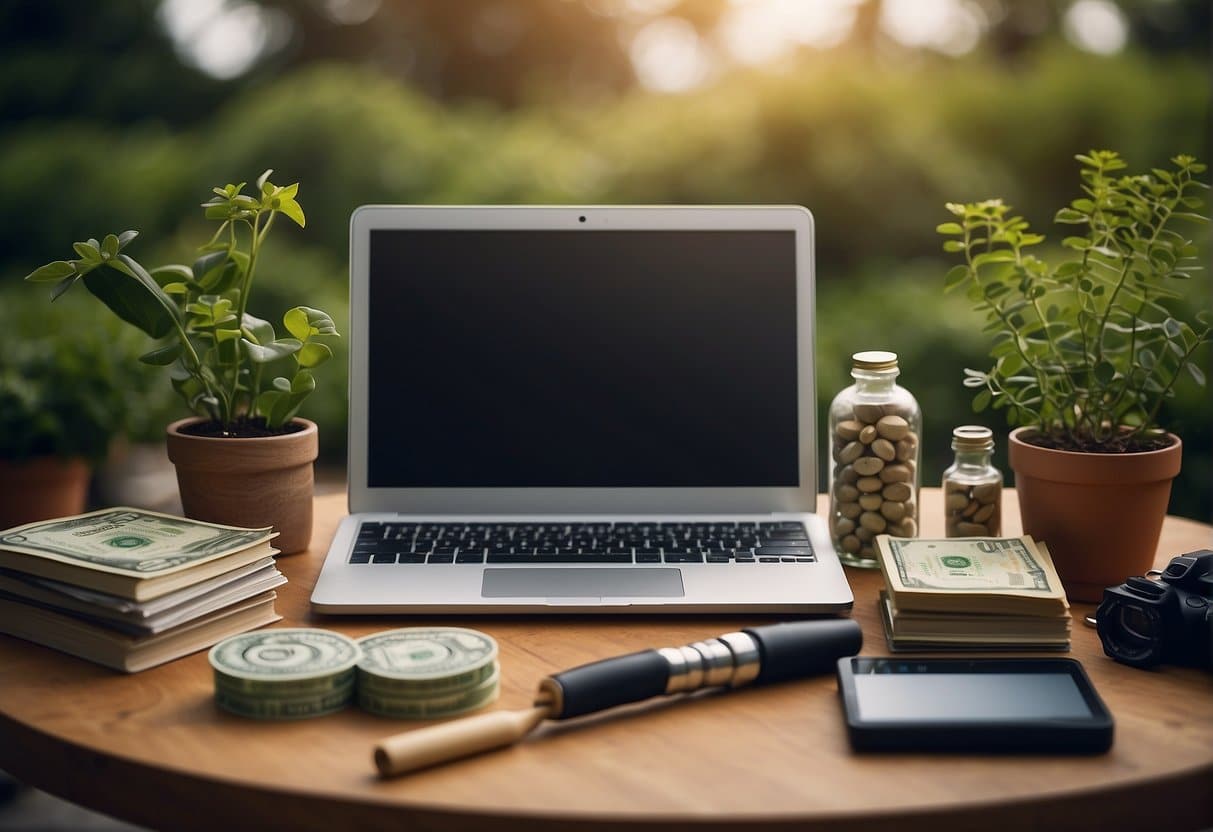 A table with various objects representing different money-making ideas: a laptop, a paintbrush, a gardening tool, a cookbook, a camera, a sewing machine, and a stack of books