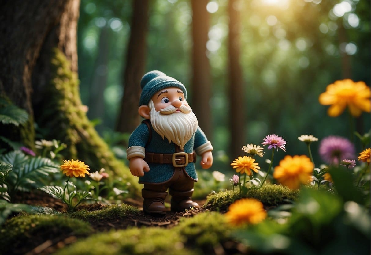 A dwarf standing in a lush forest, surrounded by towering trees and colorful flowers, gazing up at the sunlight filtering through the leaves