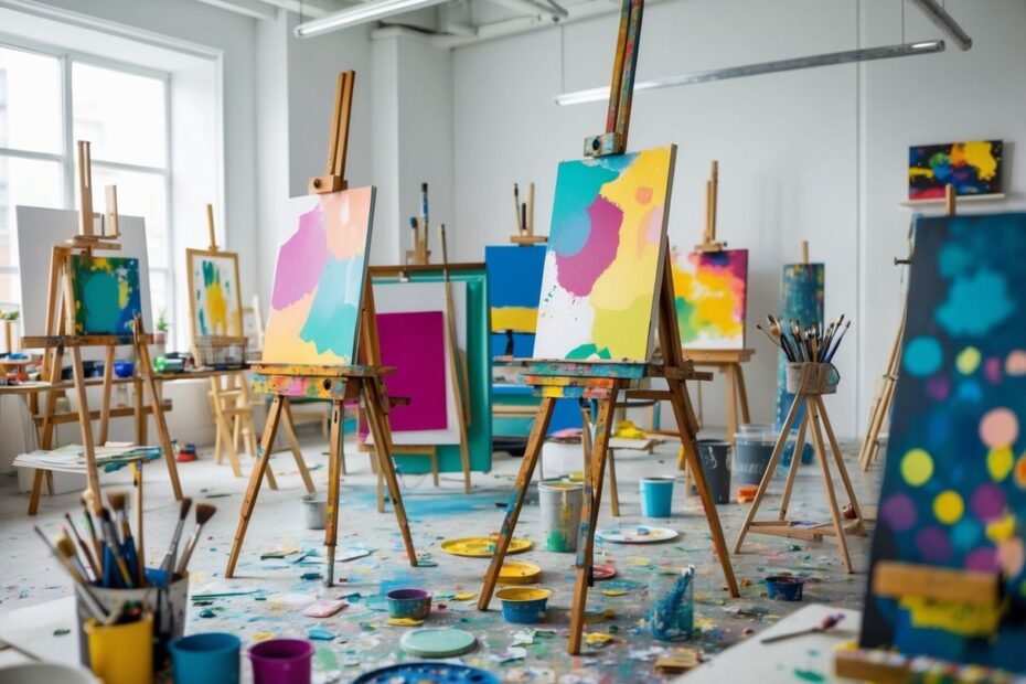Um estúdio de arte moderno e bagunçado, com cavaletes manchados de tinta, telas coloridas e vários pincéis e paletas espalhados pelo quarto