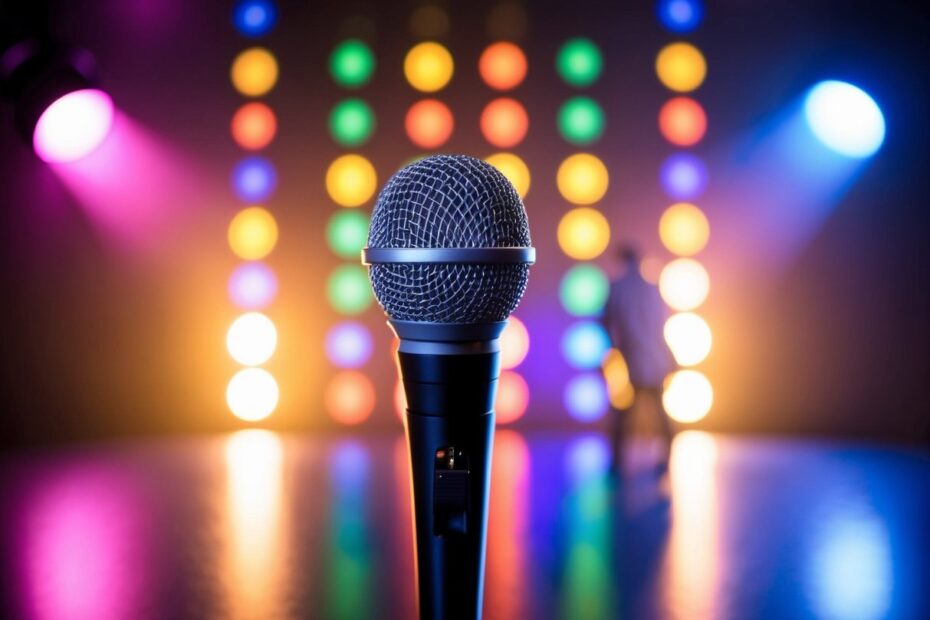 Um microfone cercado por luzes de palco coloridas, com a silhueta de um artista ao fundo