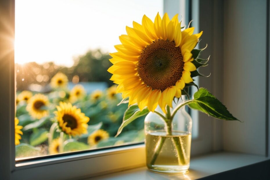 O girassol amarelo brilhante de Teresa Lisbon sentado na janela, absorvendo a luz quente da manhã.