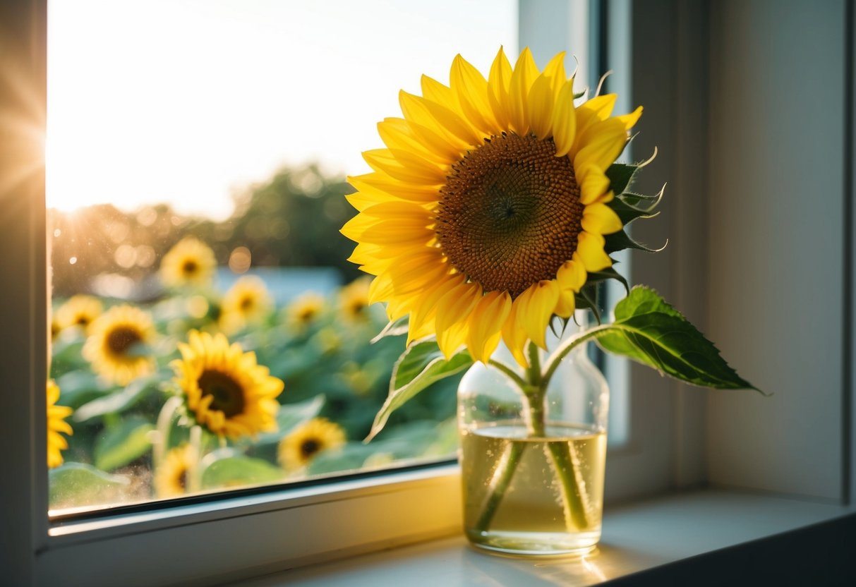 O girassol amarelo brilhante de Teresa Lisbon sentado na janela, absorvendo a luz quente da manhã.