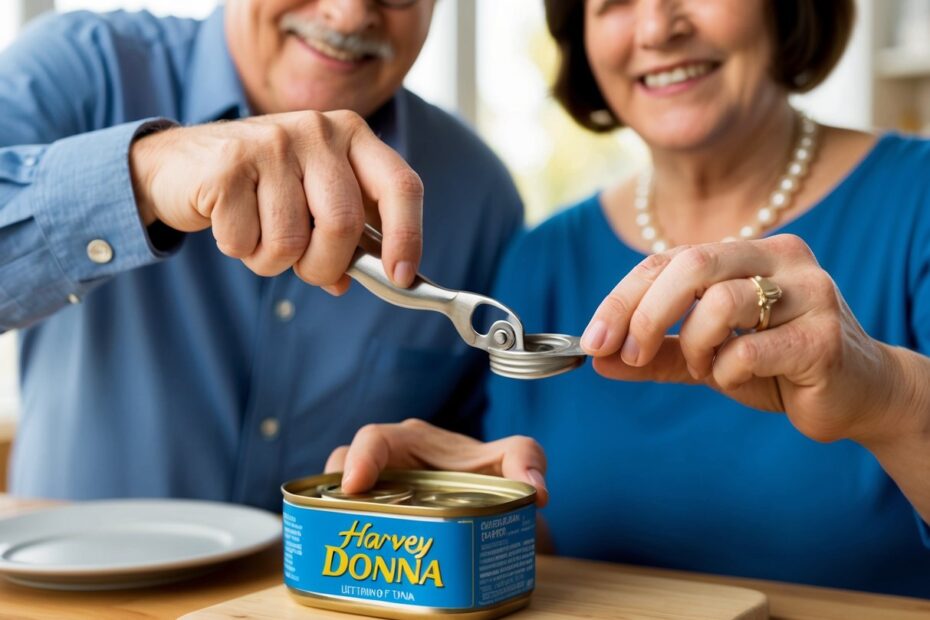 Harvey e Donna usam o abridor de latas para abrir uma lata de atum