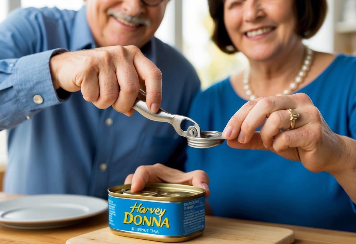 Harvey e Donna usam o abridor de latas para abrir uma lata de atum
