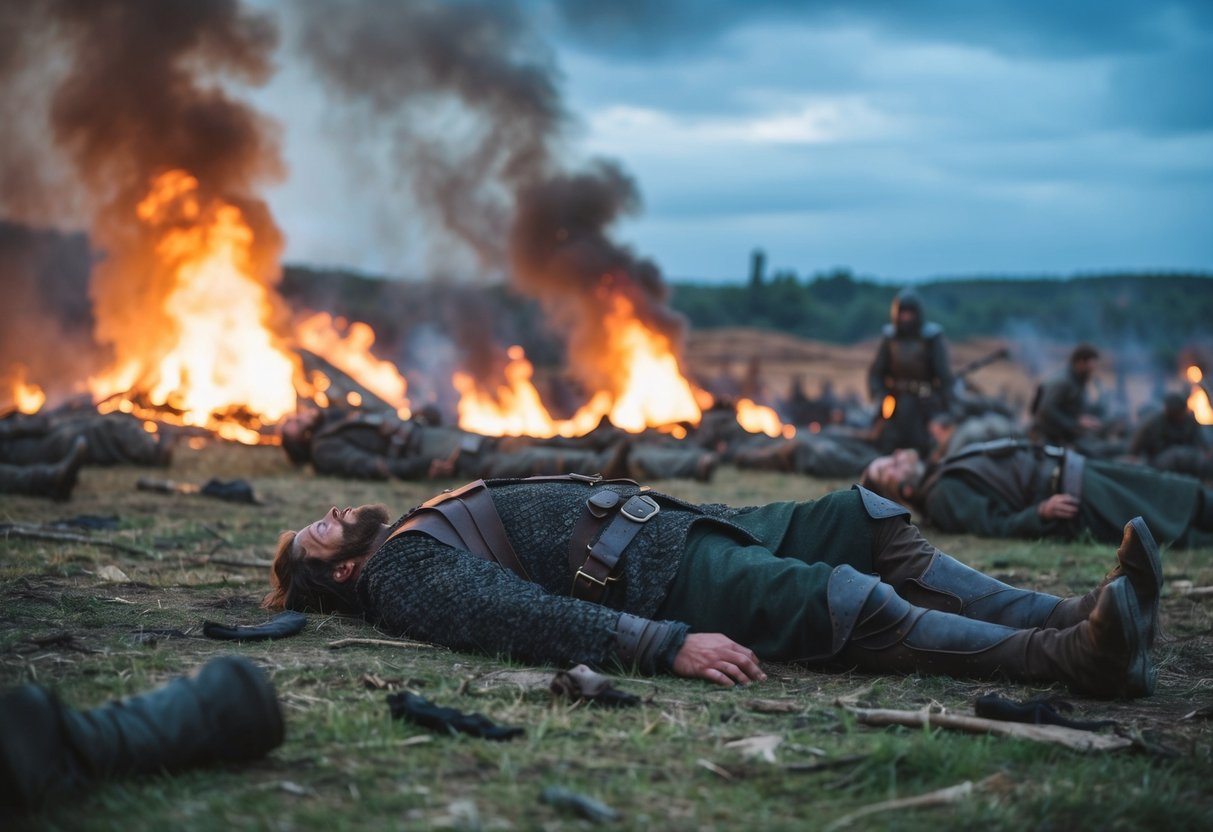 O corpo sem vida de Ragnar jaz em um campo de batalha, cercado por soldados caídos e uma vila em chamas.
