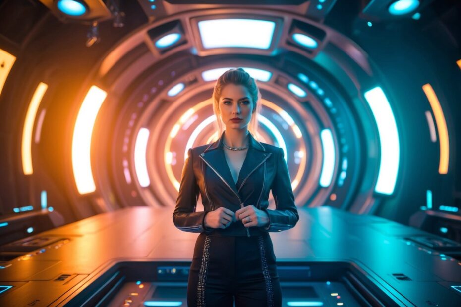 O renascimento de Hayley em um cenário futurista com luzes de néon brilhantes e tecnologia avançada