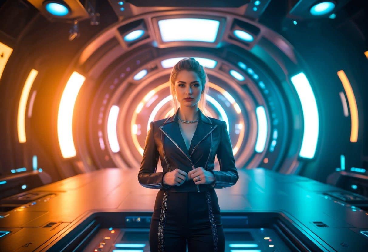 O renascimento de Hayley em um cenário futurista com luzes de néon brilhantes e tecnologia avançada