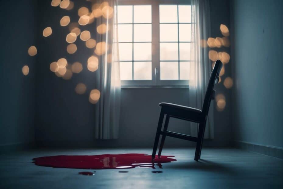 Uma sala mal iluminada com uma poça de sangue e uma cadeira tombada