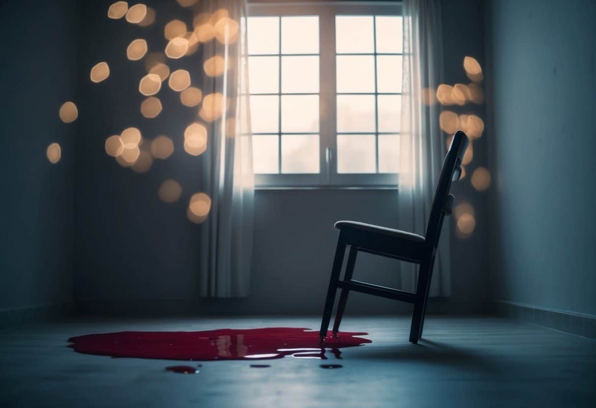 Uma sala mal iluminada com uma poça de sangue e uma cadeira tombada