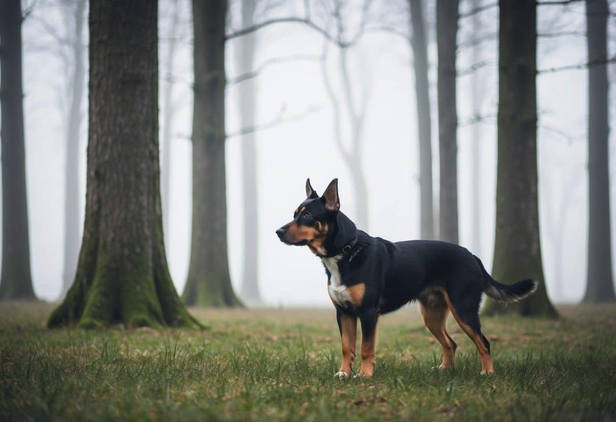 Um cachorro solitário está em uma floresta enevoada, com as orelhas em pé e o nariz farejando o ar. As árvores altas criam uma sensação de mistério e solidão.