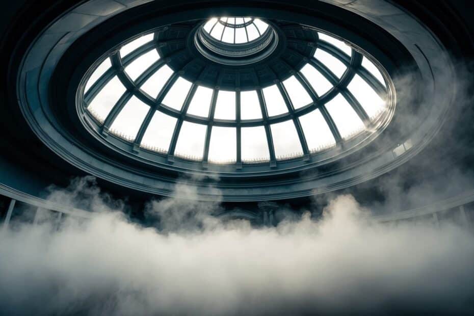 Uma revelação misteriosa sob a cúpula, com névoa giratória e um objeto oculto emergindo