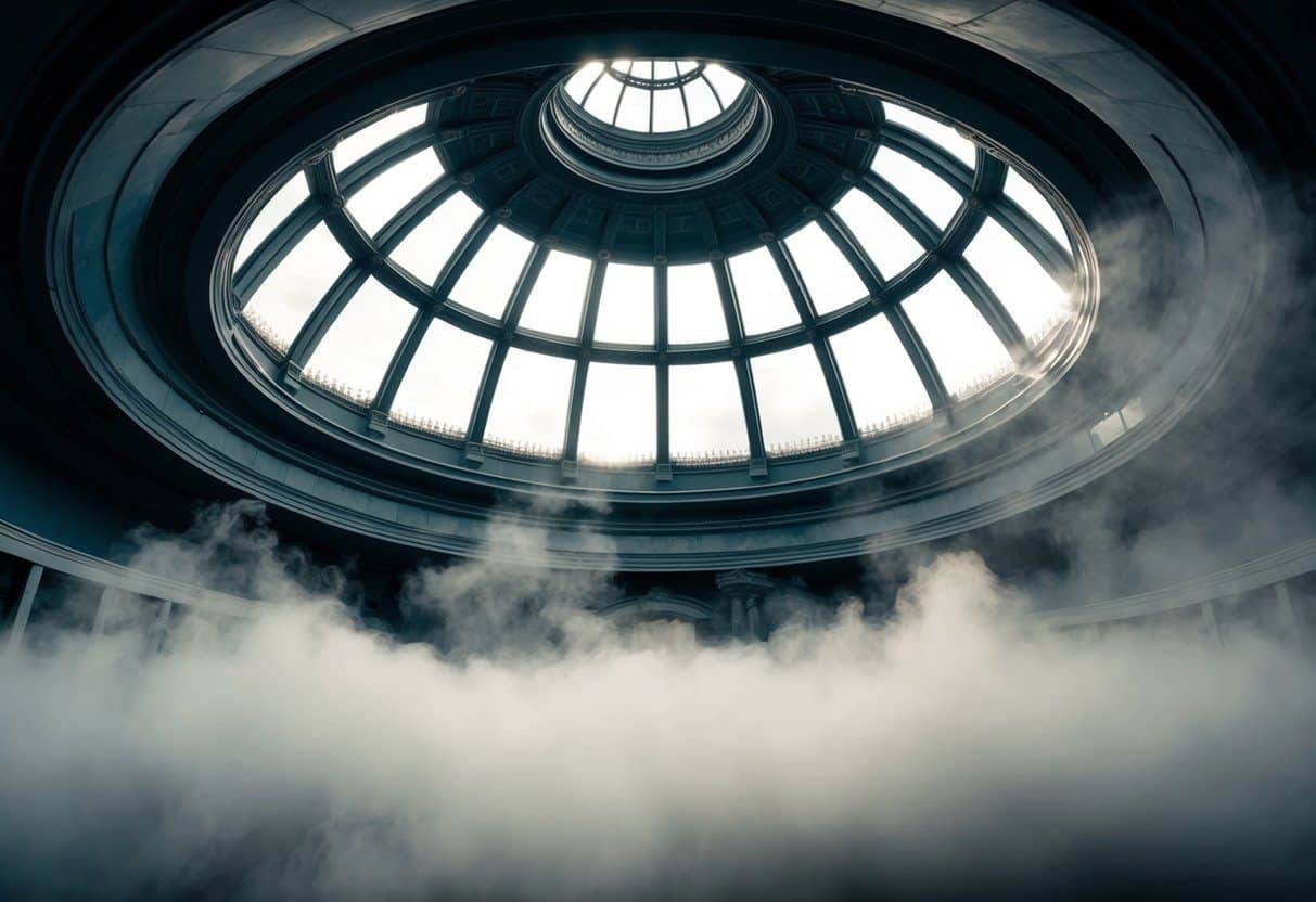 Uma revelação misteriosa sob a cúpula, com névoa giratória e um objeto oculto emergindo
