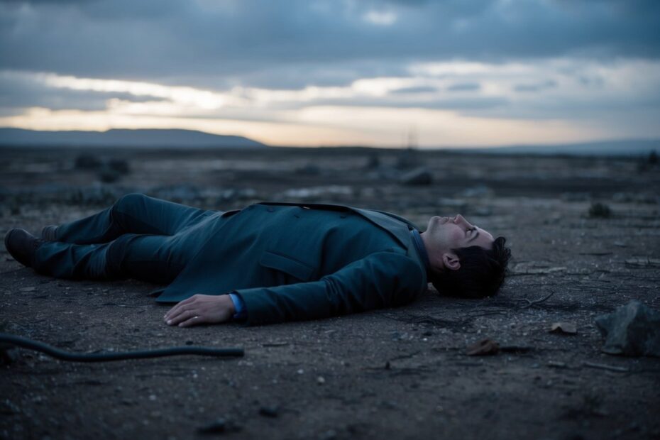 Um personagem deitado sem vida no chão, cercado por uma paisagem desolada com uma sensação de perda e desespero