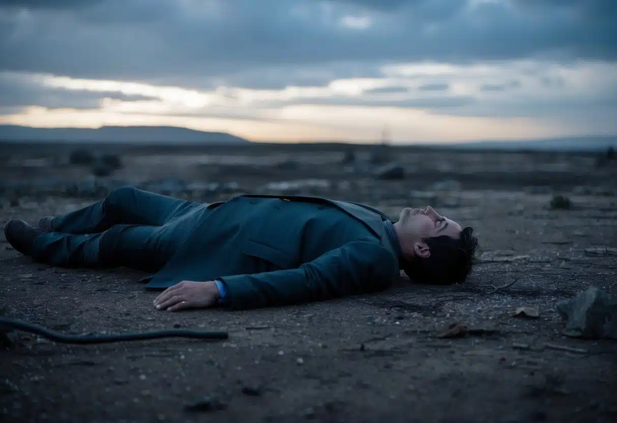Um personagem deitado sem vida no chão, cercado por uma paisagem desolada com uma sensação de perda e desespero