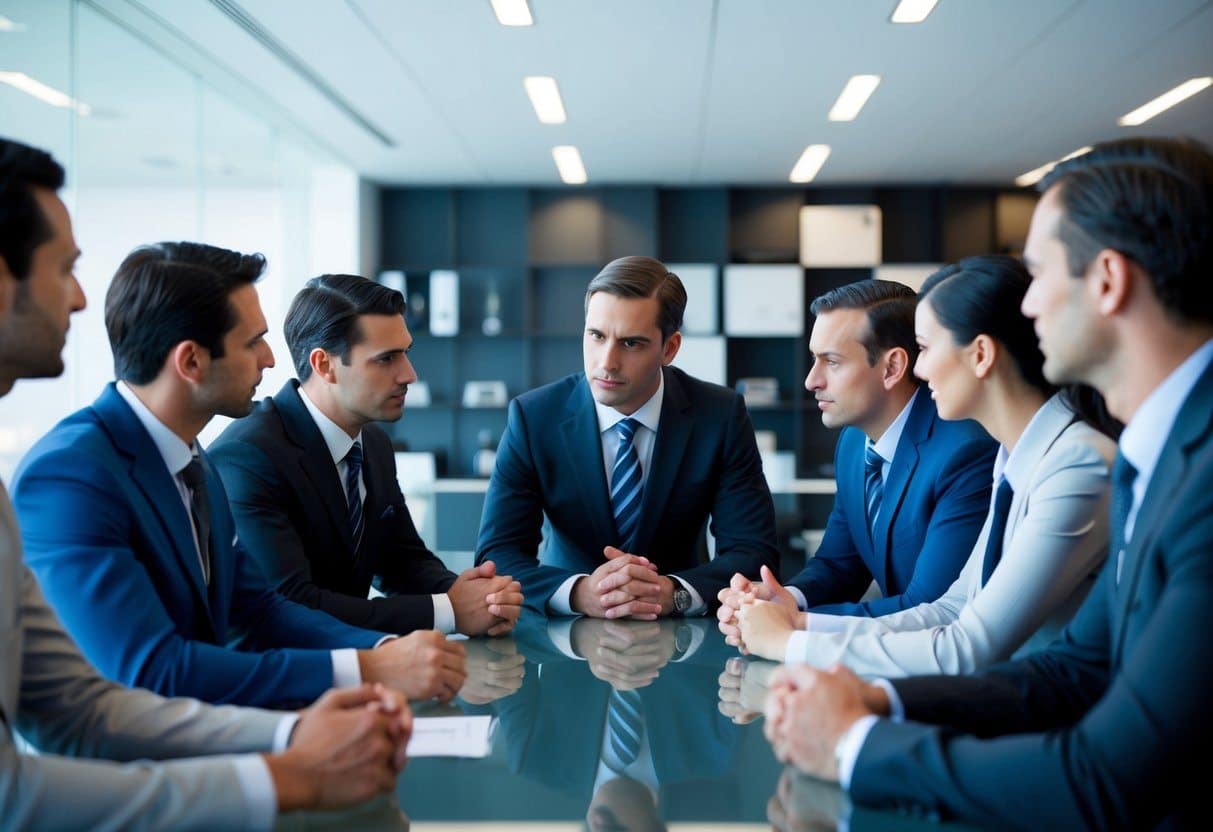 Um grupo de profissionais bem vestidos engaja em uma conversa intensa em um ambiente de escritório moderno e elegante.