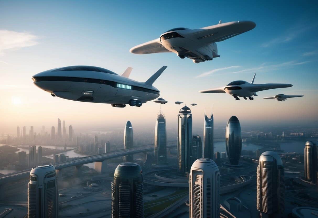 Uma paisagem urbana futurista com veículos voadores e arquitetura avançada