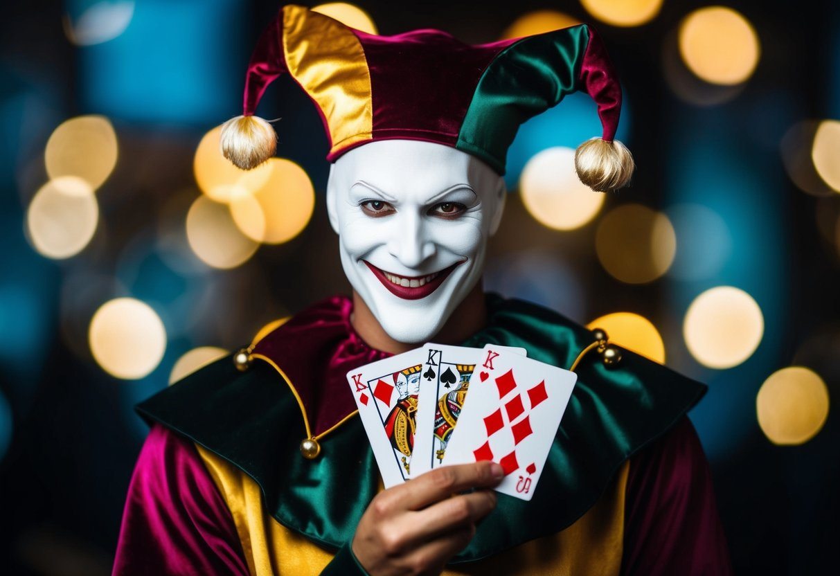 Um chapéu de bobo da corte, um baralho de cartas e um sorriso travesso em uma figura sem rosto