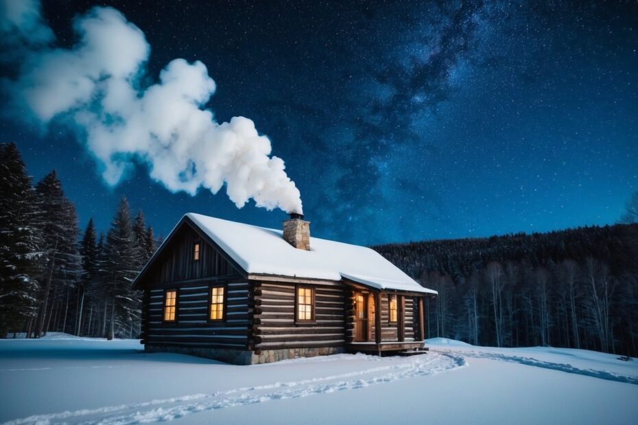 Uma cabana rústica aninhada em uma floresta nevada, com fumaça saindo da chaminé sob um céu estrelado.