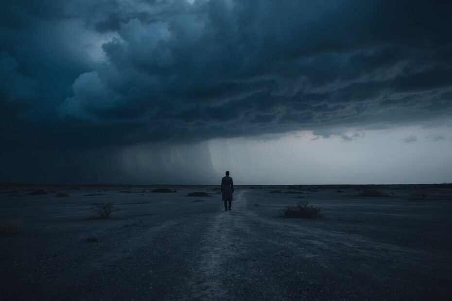 A punição de Tomioka: uma paisagem desolada, com uma figura solitária em pé sob um céu tempestuoso, cercada por sombras sinistras
