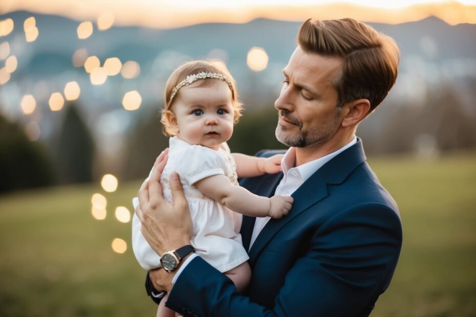 Um homem segurando uma menina com uma expressão régia e estoica