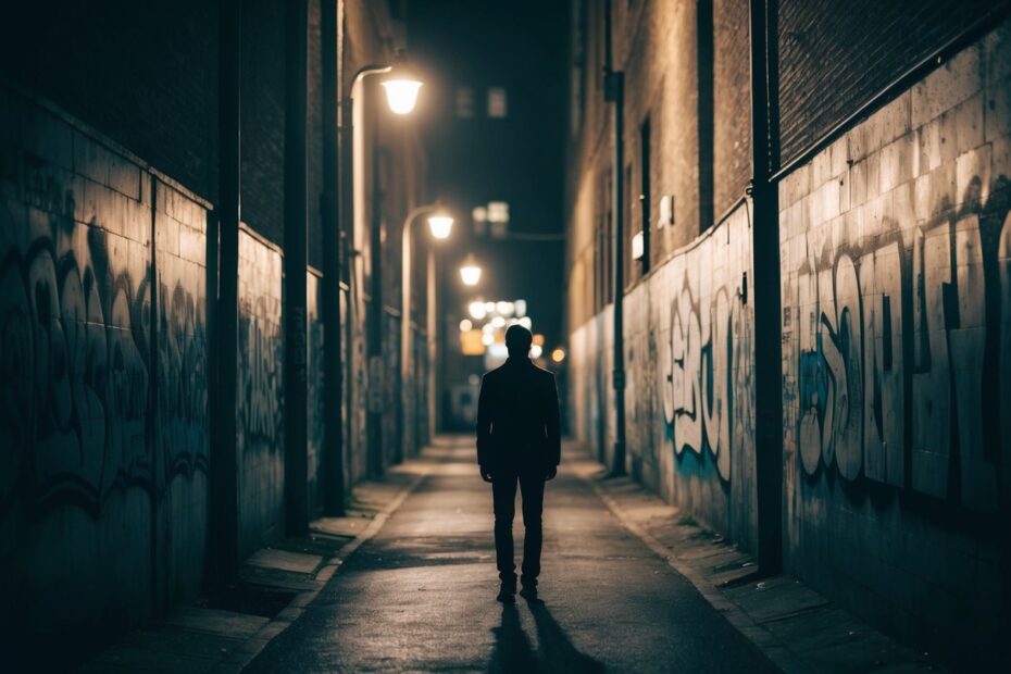 Uma figura sombria está sozinha em um beco mal iluminado, cercada por paredes cobertas de grafite e postes de luz piscando.