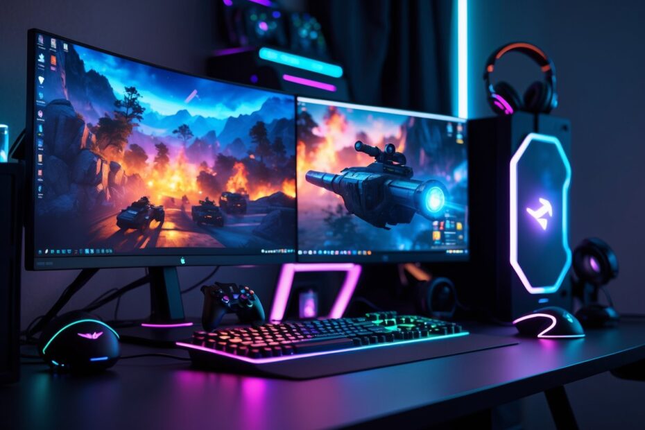 Setup de PC gamer com múltiplos monitores exibindo gráficos detalhados, teclado mecânico iluminado e mouse em ambiente com iluminação ambiente.