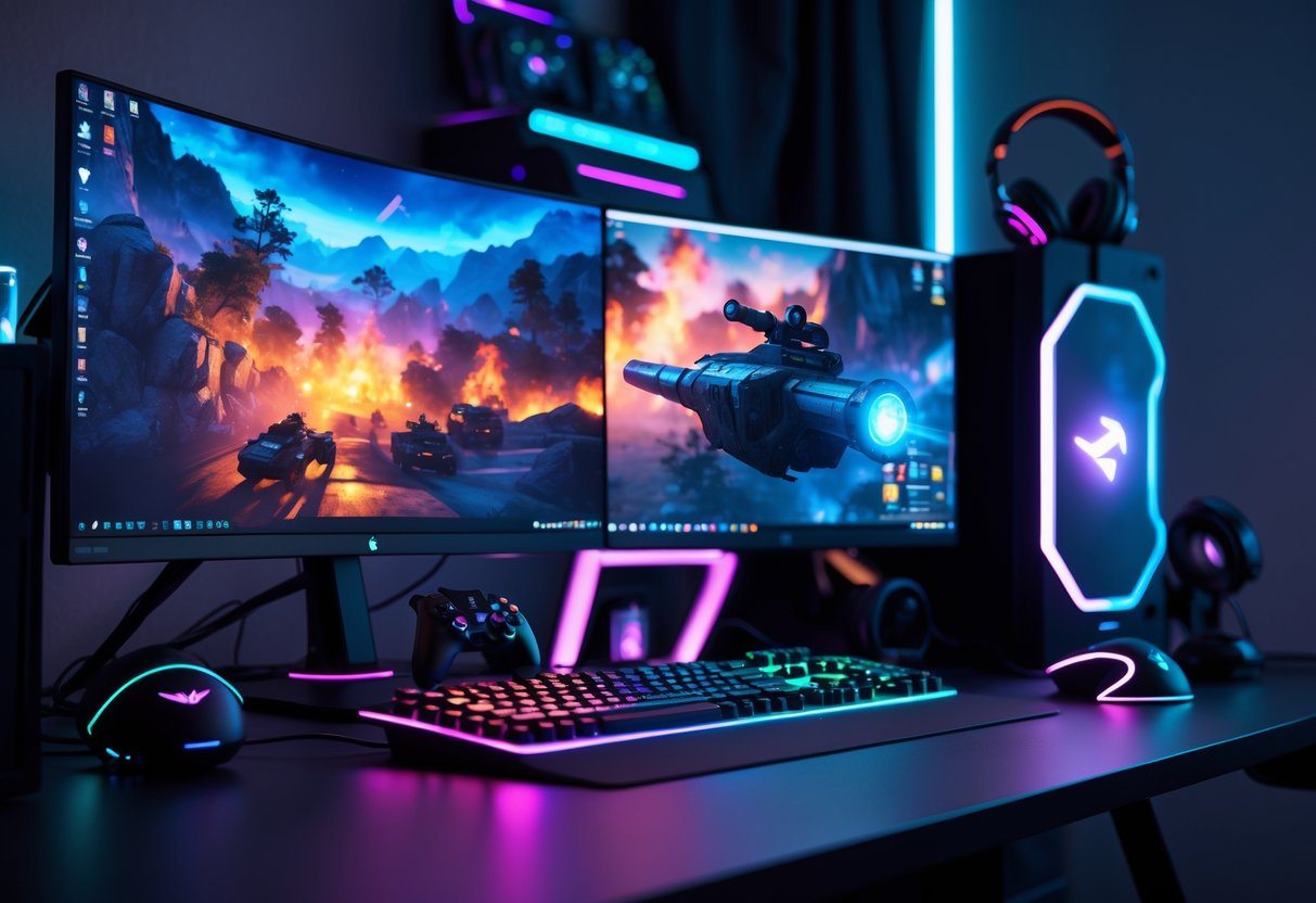 Setup de PC gamer com múltiplos monitores exibindo gráficos detalhados, teclado mecânico iluminado e mouse em ambiente com iluminação ambiente.