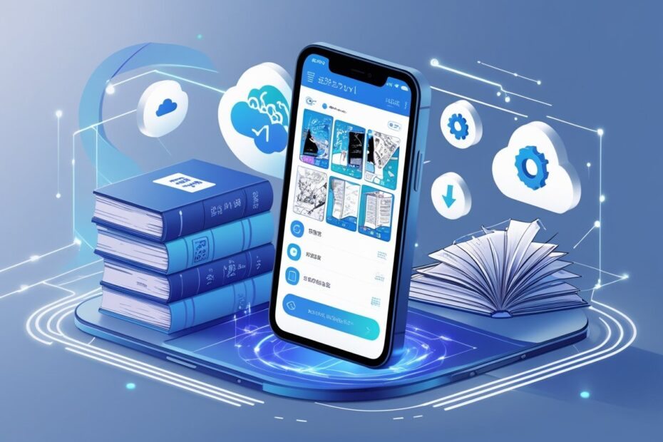 Ilustração mostrando um smartphone com um aplicativo de leitura de mangá aberto, rodeado por ícones que representam biblioteca, sincronização na nuvem, configurações e download para leitura offline.