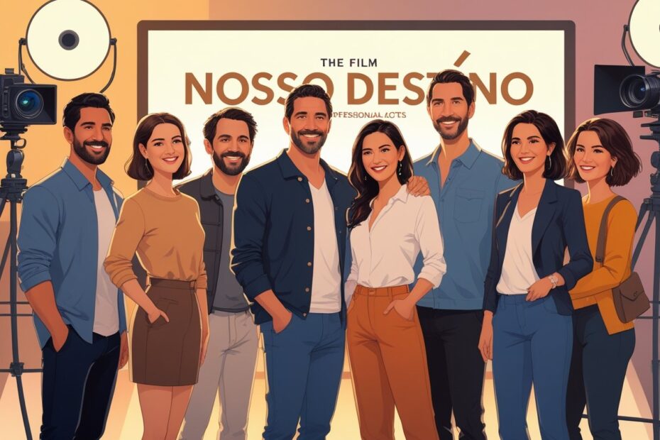 Grupo diversificado de atores posando juntos em um set de filmagem para um filme.