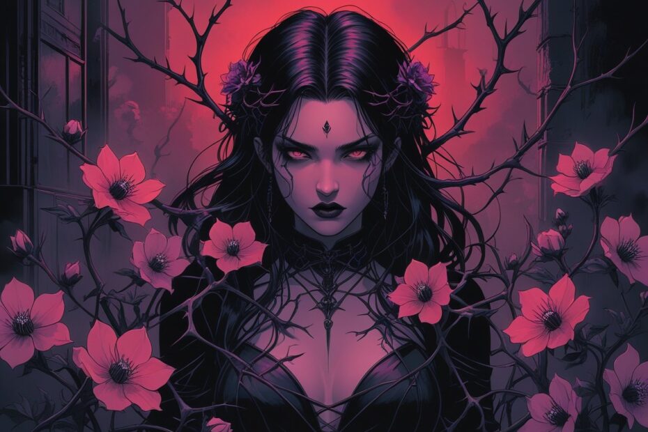 Uma mulher cercada por flores com espinhos em um ambiente sombrio e urbano, transmitindo mistério e conflito interno.