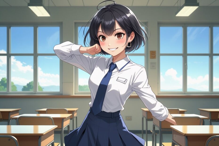Uma jovem garota em uniforme escolar em uma sala de aula, com expressão brincalhona e pose dinâmica.