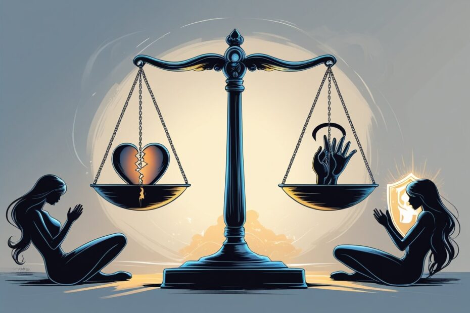 Uma balança equilibrada com um coração partido e figuras sombrias de um lado, e mãos entrelaçadas com um escudo brilhante do outro, simbolizando imoralidade sexual e respeito.