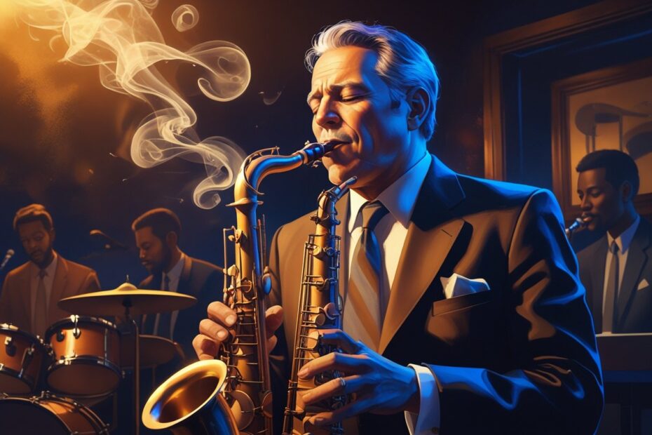 Um músico de jazz tocando saxofone em um palco com iluminação suave, acompanhado por uma pequena banda em um clube de jazz.