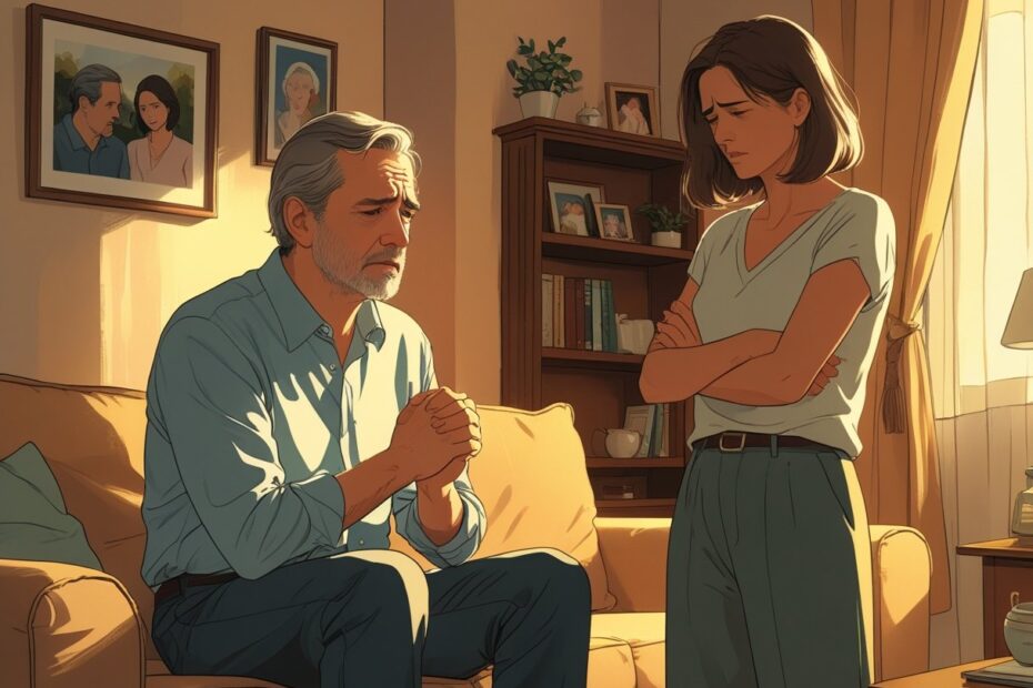 Homem e mulher em uma sala de estar, com expressão de tensão e emoção, refletindo um momento difícil entre eles.