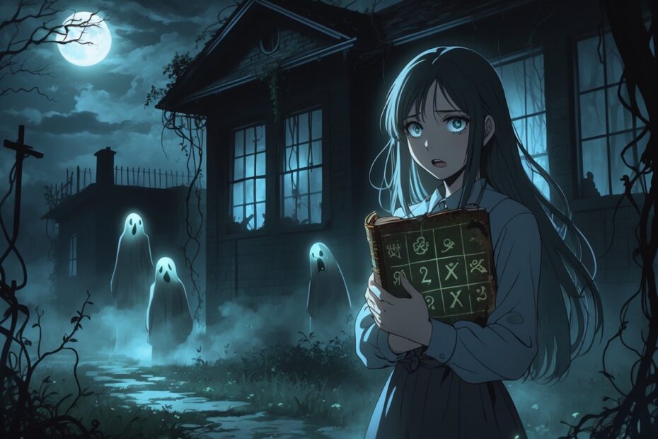 Cena noturna em uma casa abandonada com uma jovem segurando um livro antigo, cercada por figuras fantasmagóricas surgindo das sombras.