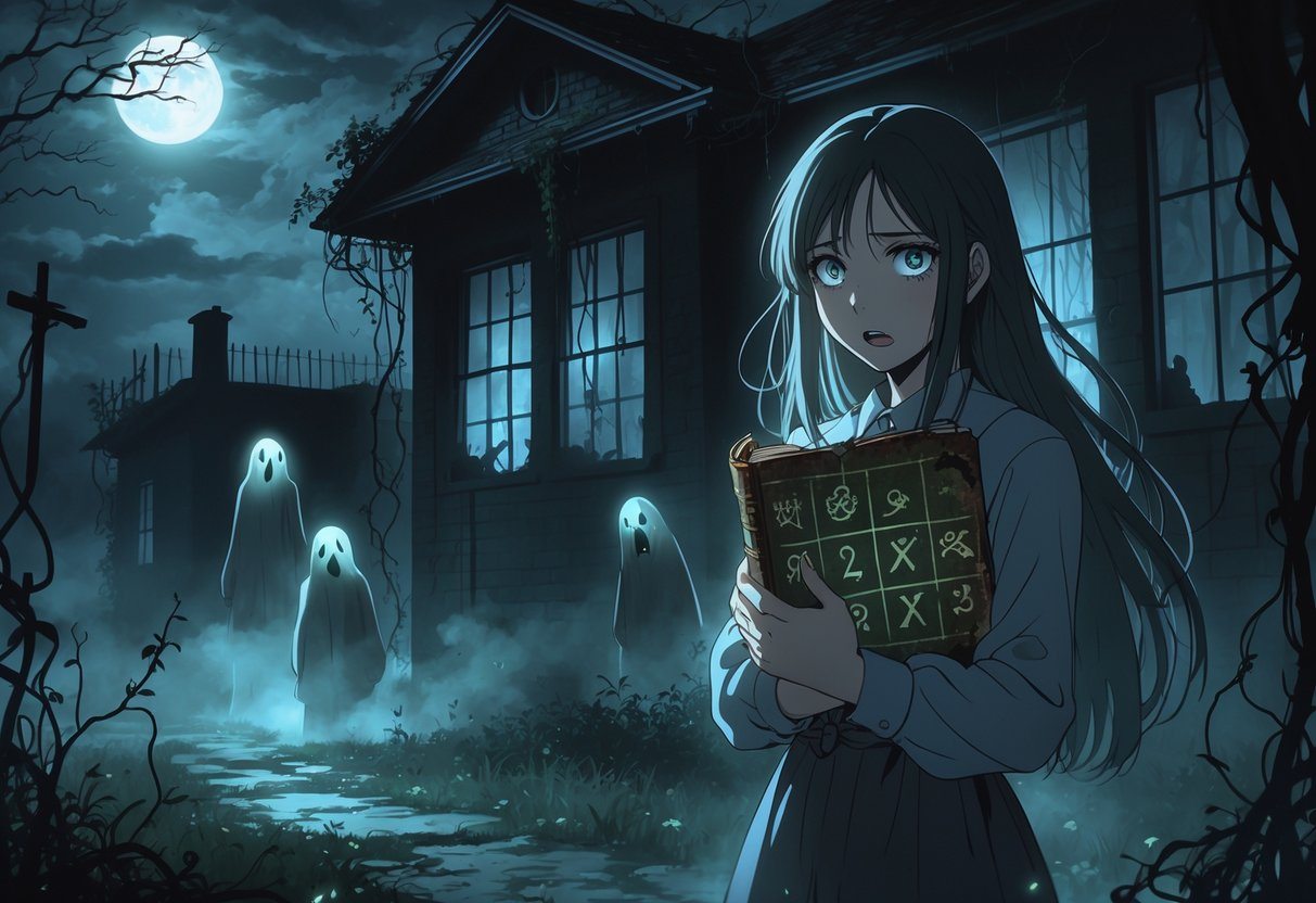 Cena noturna em uma casa abandonada com uma jovem segurando um livro antigo, cercada por figuras fantasmagóricas surgindo das sombras.