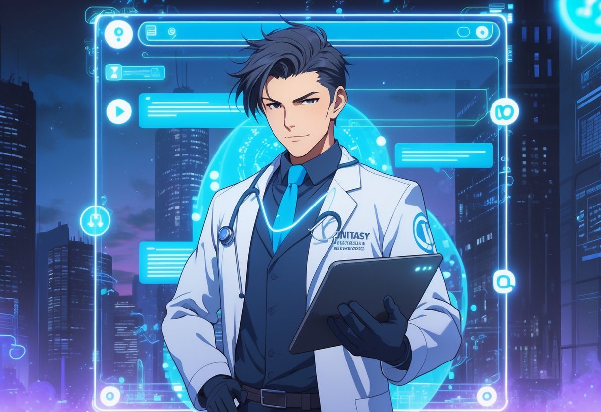 Um médico futurista em pé diante de uma interface digital transparente com elementos tecnológicos e de fantasia ao redor.
