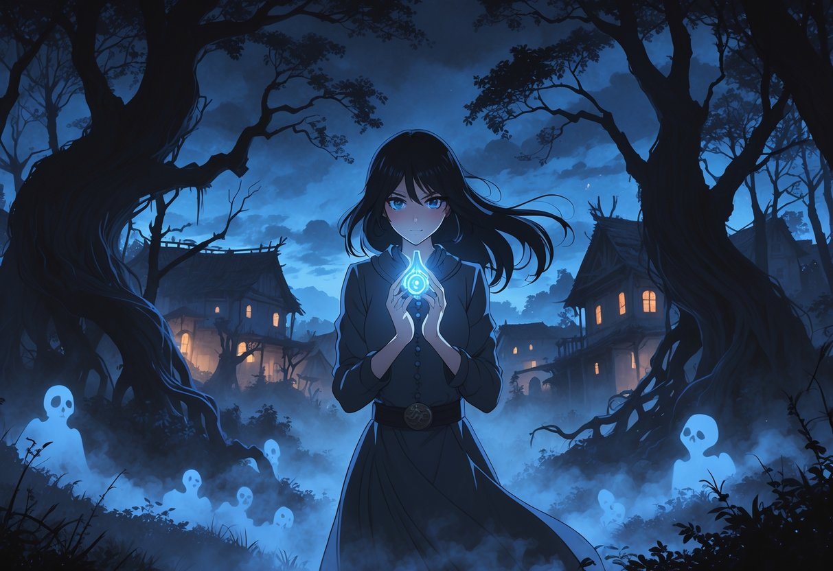 Uma jovem segura um amuleto brilhante em uma floresta sombria com espíritos fantasmagóricos ao redor, diante de uma vila abandonada ao entardecer.