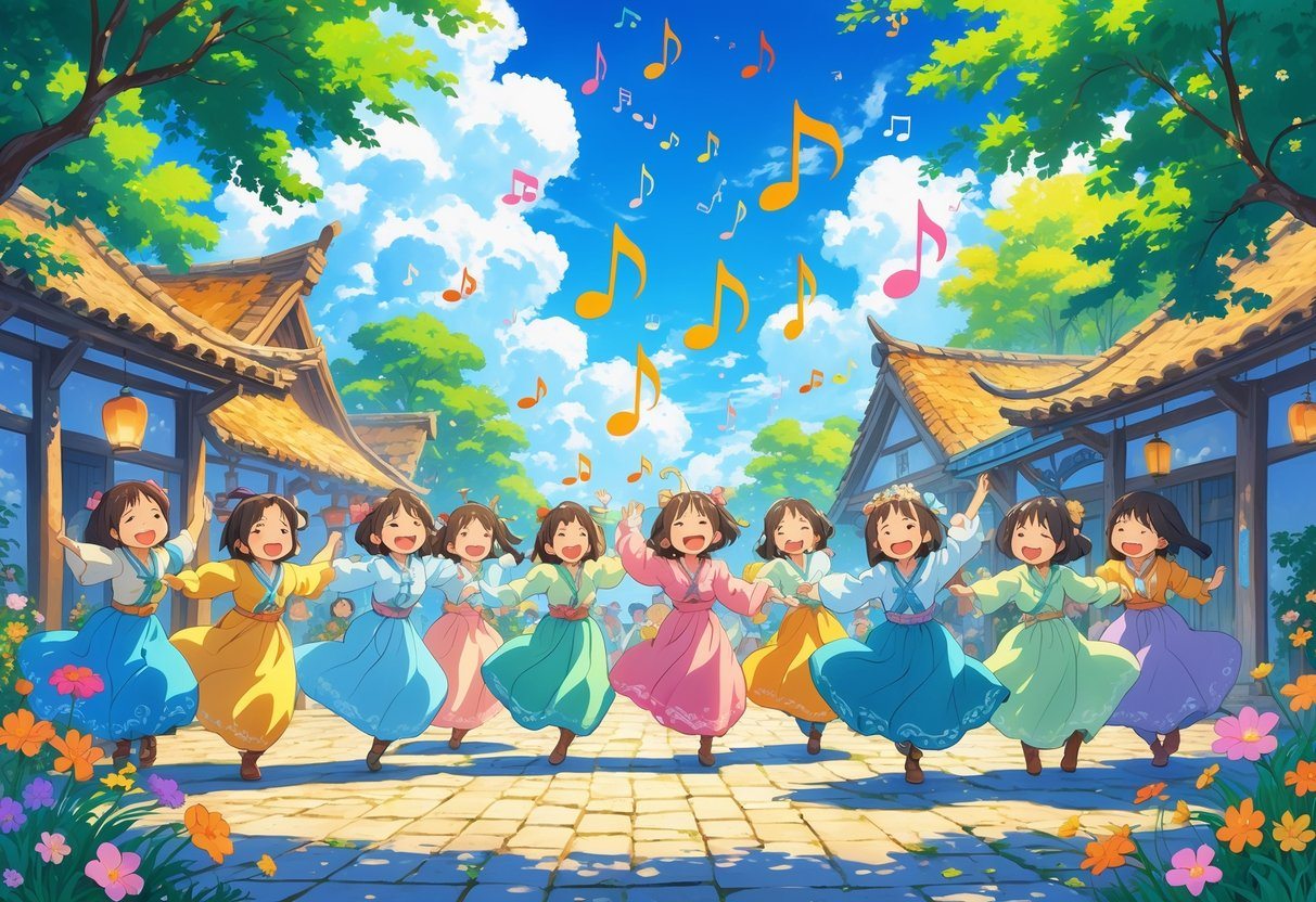 Personagens felizes cantando e dançando em uma praça de vila colorida com flores e lanternas, sob um céu azul com nuvens.