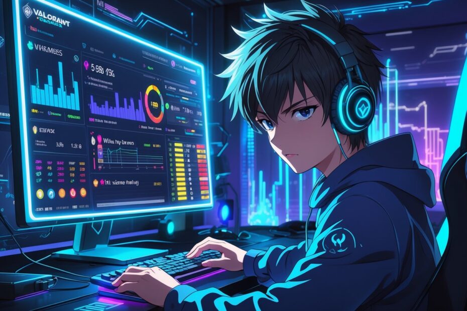 Um jovem sentado em frente a uma tela holográfica mostrando estatísticas de jogo em um ambiente tecnológico iluminado por luzes neon.