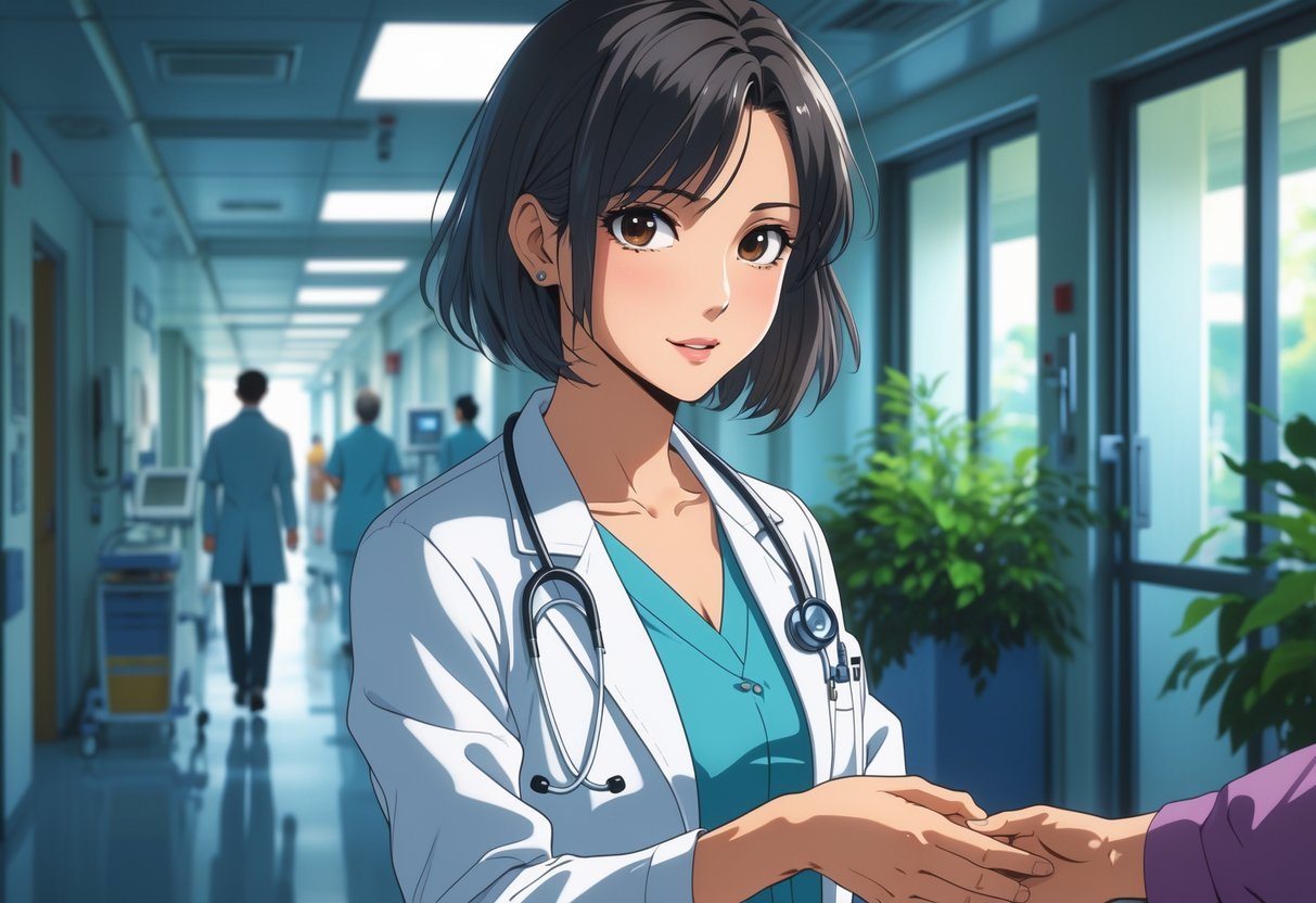 Dra. Chá, uma médica jovem, segura a mão de um paciente em um corredor de hospital moderno, transmitindo apoio e cuidado.