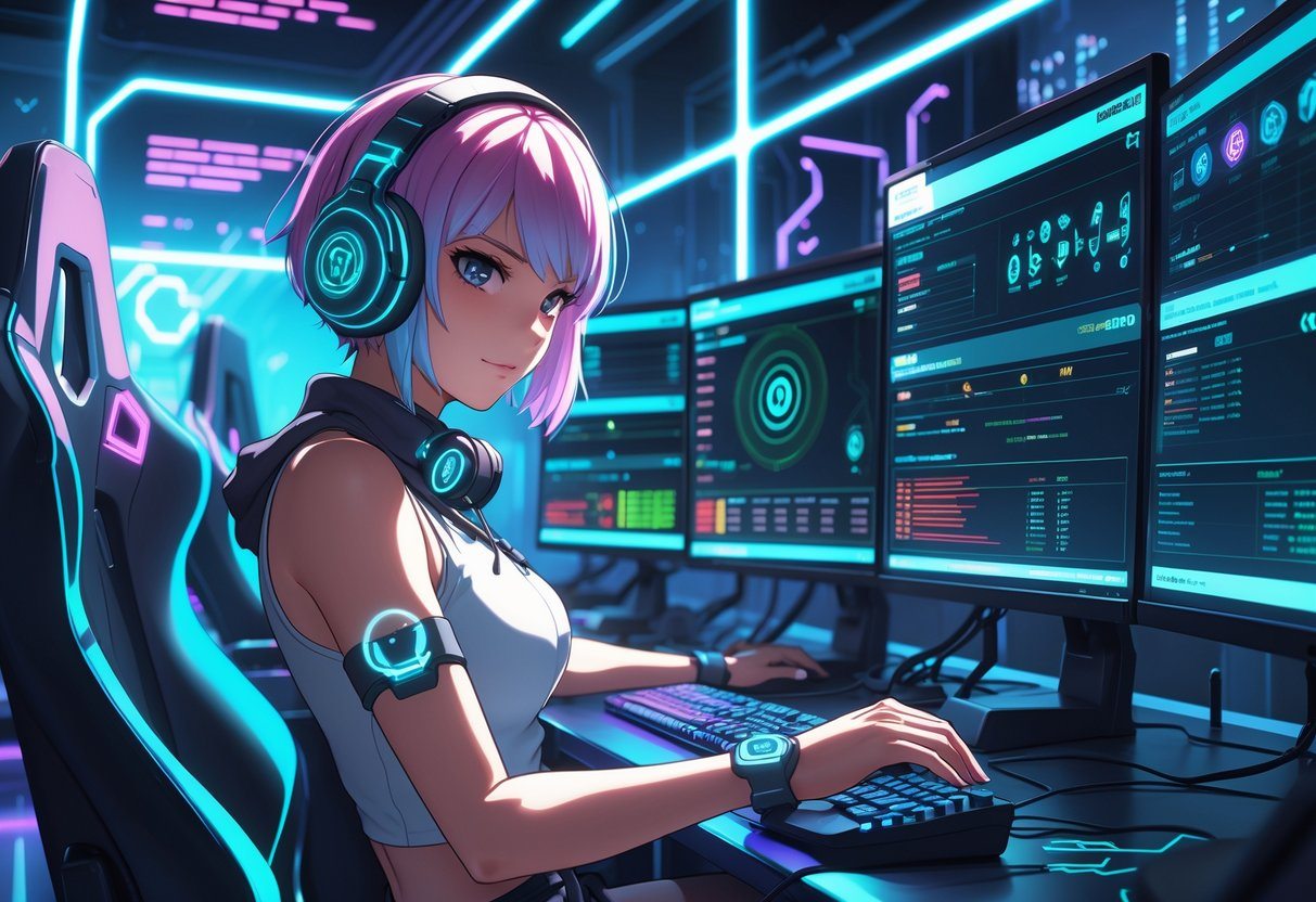 Uma gamer anime em um ambiente futurista com várias telas holográficas mostrando estatísticas de jogos, cercada por luzes de LED e tecnologia avançada.