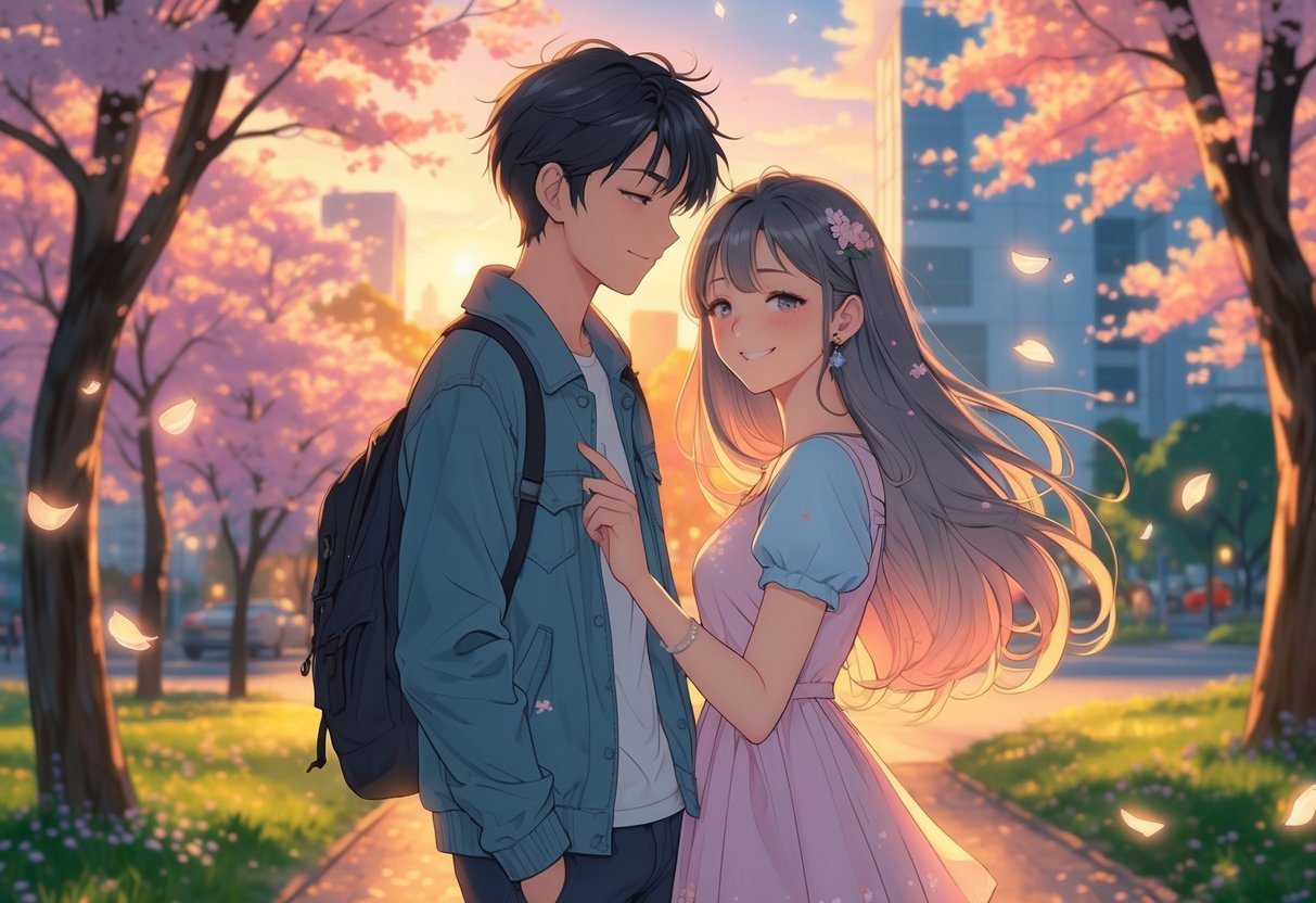 Um garoto e uma garota estão juntos em um parque ao pôr do sol, cercados por pétalas de flores, em um momento romântico e tranquilo.