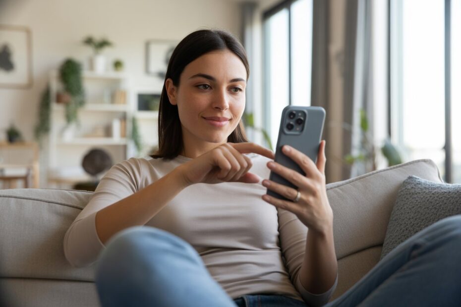 Mulher jovem sentada em um sofá moderno assistindo vídeos em um smartphone em uma sala iluminada e aconchegante.
