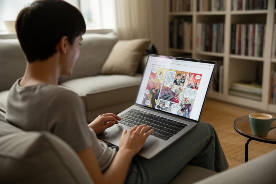 Pessoa jovem sentada em uma sala confortável lendo manhwa em um laptop.