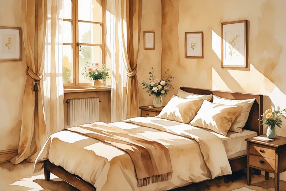 Quarto aconchegante com cama arrumada, flores em um vaso sobre a mesa de cabeceira e luz suave entrando pela janela.