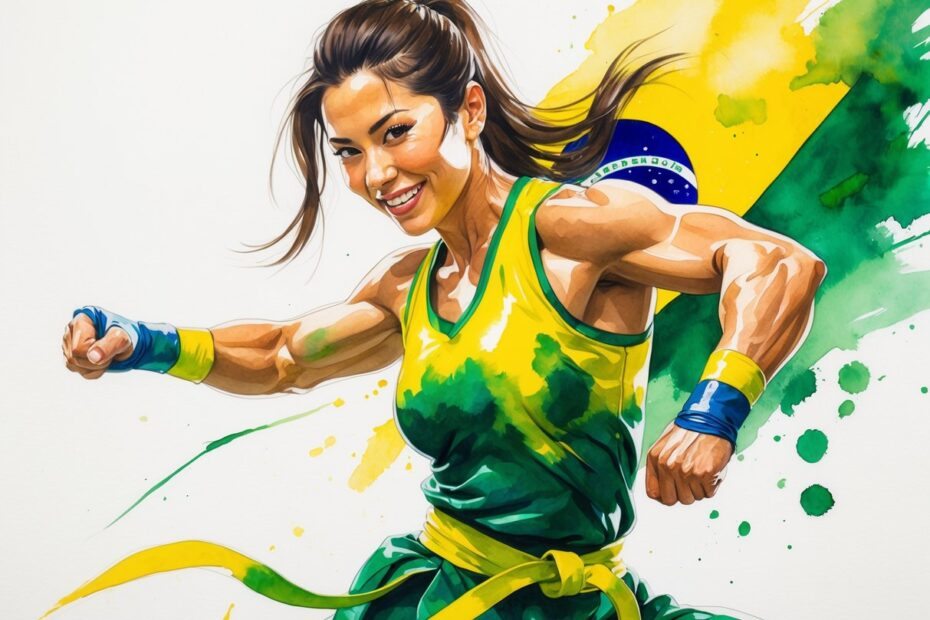 Mulher em pose de luta com roupa amarela e verde, demonstrando força e energia.