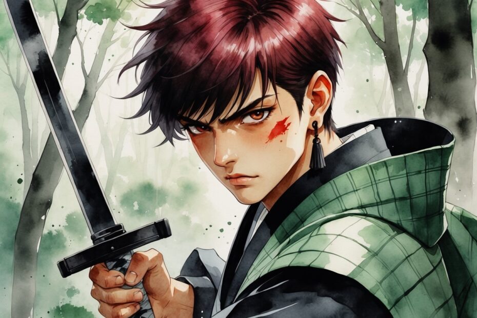 Um jovem guerreiro japonês com cabelo escuro e uma roupa quadriculada verde e preta, segurando uma espada em uma floresta ao fundo.